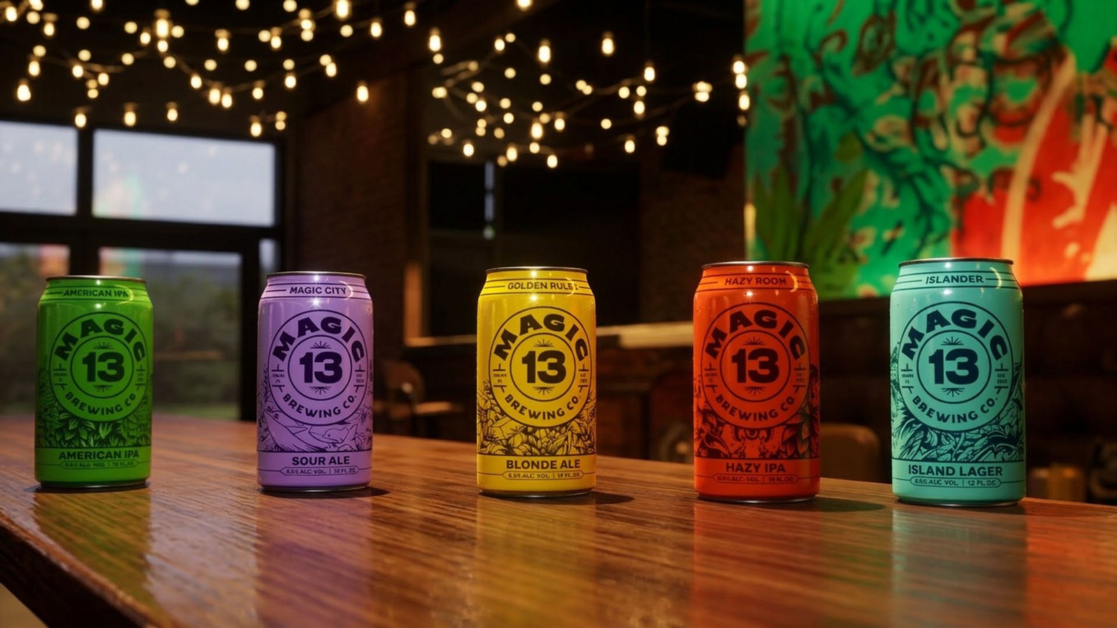 Magic 13 Brewing Co. &mdash; Can Packaging Renders in Bar Environment